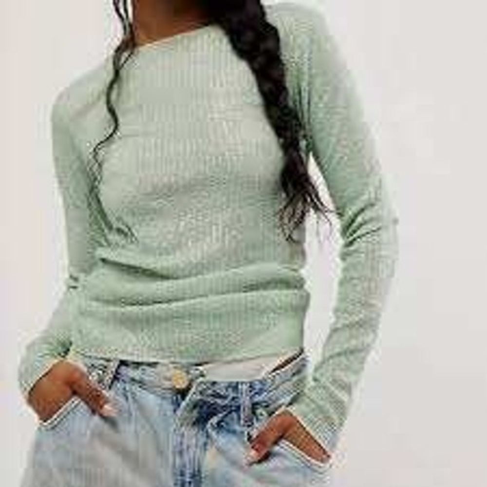 Intimately Free People Sage Green Sequin Mesh Long Sleeve Top Large